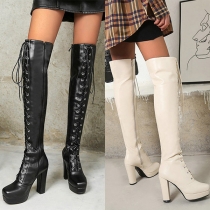 Chunky Heel Square Toe Lace Up Over Knee Boots