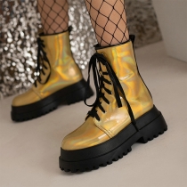 Punk Patent Leather Round Toe Chunky Mid Heel Boots