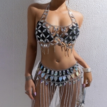 Rhinestone Caged Bikini Tassel Body Chain Set