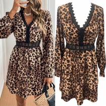 Retro V-Neck Leopard Print Dress with Lace Patchwork