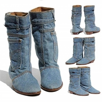 Mid-Rise Denim Cowboy Ankle Boots