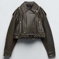 Street Fashion  Epaulettes Long Sleeve Artificial Leather PU Crop Jacket with Belt