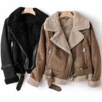 Street Fashion Lapel Long Sleeve Slant Zipper Plush Lined Warm Suede Jacket