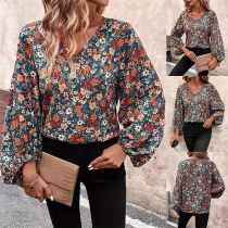 Fresh Style Floral Printed V-Neck Long Sleeve Shirt