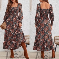 Fashion Floral Printed Square Neck Long Sleeve Midi Dress