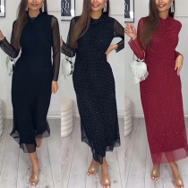 Fashion Rhinestone Crew Neck Long Sleeve Midi Dress