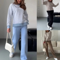 Casual Two-piece Set Consist of Stripe Printed Shirt and Straight-cut Pants