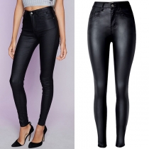 Fashion Mid-Waist Slim Fit Stretch PU Artificial Leather Black Pants