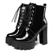 Chunky Heel Platform Patent Leather Ankle Boots