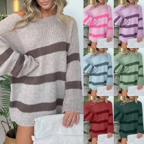 Street Fashion Contrast Color Stripe Crew Neck Long Sleeve Mini Dress