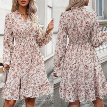 Fashion Floral Printed V-neck Long Sleeve Cinch Waist Mini Dress