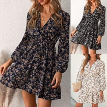 Fashion Floral Printed V-neck Long Sleeve Mini Dress