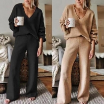 Fashion Knitted Two-piece Set Consist of V-neck Sweater and Wide-leg Pants