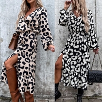 Sexy Leopard Printed V-neck Long Sleeve Side Slit Dress