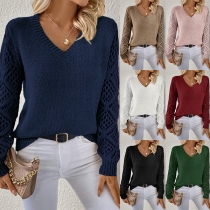 Fashion V-neck Hollow Out Long Sleeve Sweater