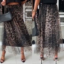 Fashion Leopard Printed Gauze Spliced Maxi Skirt
