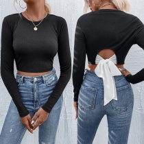 Sexy Crew Neck Long Sleeve Backless Bowknot Crop Top