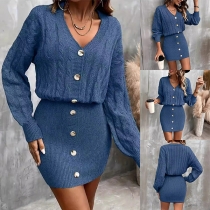 Fashion Cable Pattern Front Button V-neck Long Sleeve Knitted Sweater Dress