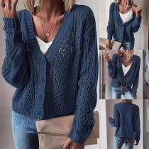 Comfy Solid Color Hollow Out Front Button Long Sleeve Knitted Cardigan