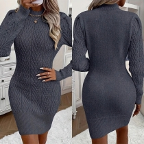 Fashion Cable Pattern Crew Neck Long Sleeve Knitted Sweater Dress