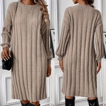 Fashion Crew Neck Long Sleeve Ribbed Sweater Dress