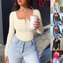 Fashion Front Button Square Neck Long Sleeve Ribbed Bodysuit