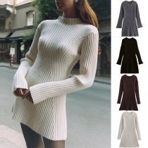 Fashion Crew Neck Long Sleeve Ribbed Dress