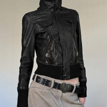 Casual Leather Motorcycle Jacket with Zip Front