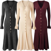 Fashion Solid Color V-neck Long Sleeve Front Button Long Sleeve Ruffle Hemline Ribbed Dress
