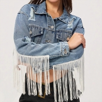 Distressed Cropped Denim Jacket with Fringe