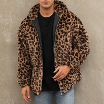 Faux Fur Leopard Print Plush Hoodie