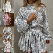 Vintage Floral Printed Front Button Long Sleeve Self-tie Ruffle Hemline Mini Dress