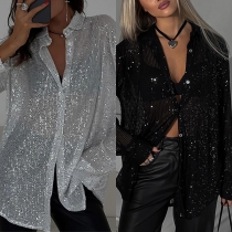Fashion Bling-bling Sequined Stand Collar Long Sleeve Blouse