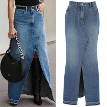Vintage Front Slit Old-washed Denim Skirt