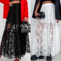 Fashion Semi-through Lace Maxi Skirt