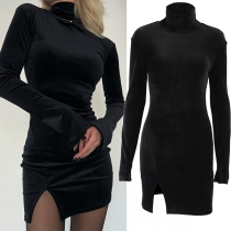 Sexy Mock Neck Long Sleeve Side Slit Bodycon Dress