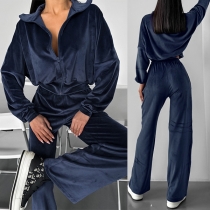 Fashion Solid Color Two-piece Set Consist of Crop Jacket and Straight-cut Pants