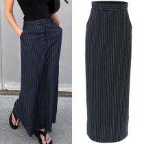 Street Fashion Vertical Striped Mid-rise Back Slit Maxi Skirt