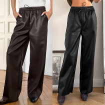 Fashion Solid Color Straight-cut Drawstring Waist Artificial Leather PU Pants