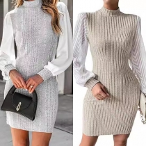 Fashion Mock Neck Long Sleeve Ribbed Sweater Dress