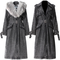 Street Fashion Detachable Plush Spliced Collar Diamond Pattern Long Sleeve Old-washed Denim Jacket with Belt