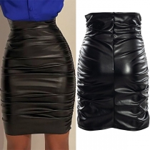 Fashion High-rise Ruched Slim-fit Artificial Leather PU Skirt