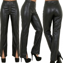 Fashion Solid Color Front Zipper High-rise Straight-cut Artificial Leather PU Pants
