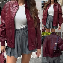 Vintage Stand Collar Long Sleeve Artificial Leather PU Jacket