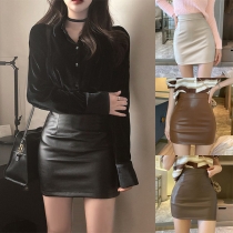 Street Fashion Solid Color High-rise Artificial Leather PU Mini Skirt