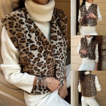 Street Fashion Leopard Printed V-neck Sleeveless Plush Vest