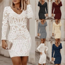 Elegant V-neck Long Sleeve Lace Bodycon Dress