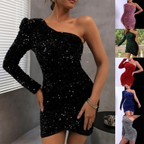 Sexy Bling-bling Sequined One-shoulder Long Sleeve Irregular Hemline Bodycon Party Dress