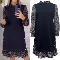 Fashion Floral Printed Spliced Mock Neck Long Sleeve Ruffle Hemline Mini Dress