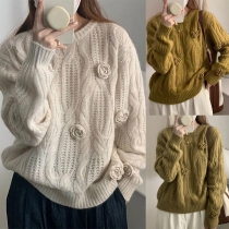 Vintage 3D Floral Decoration Crewneck Long Sleeve Cable Knitted Sweater
